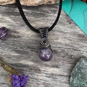 Men’s Amethyst Crystal Necklace - Oxidized Wire Wrapped